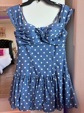 B Darlin Blue Polka Dot Mini Dress Keyhole Cutout and Bubble Skirt